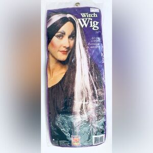 Black Witch Wig long with white stripes w/ pkg Halloween dress up Elvira 24”